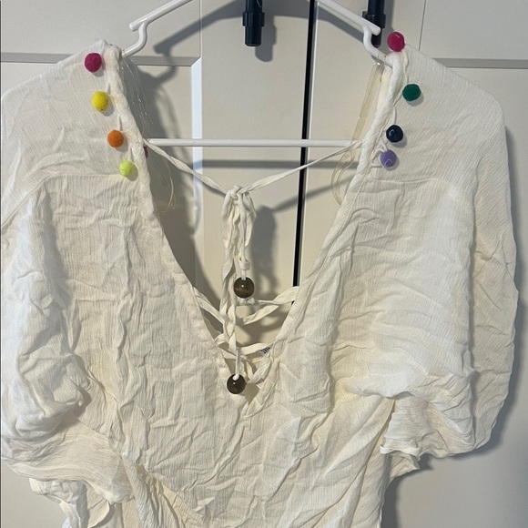 Francesca's Collections White Coverup with Colorful Pom-Poms - Picture 1 of 3